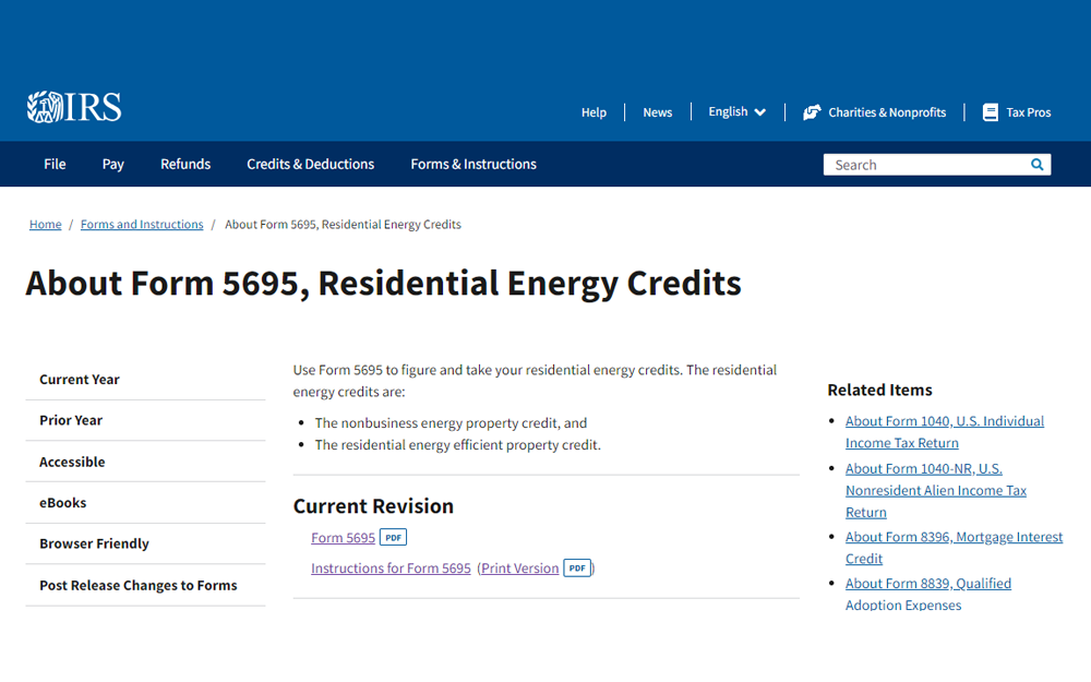 Screenshot of IRS website containing details about Form 5695 or the Residential Energy Credits.