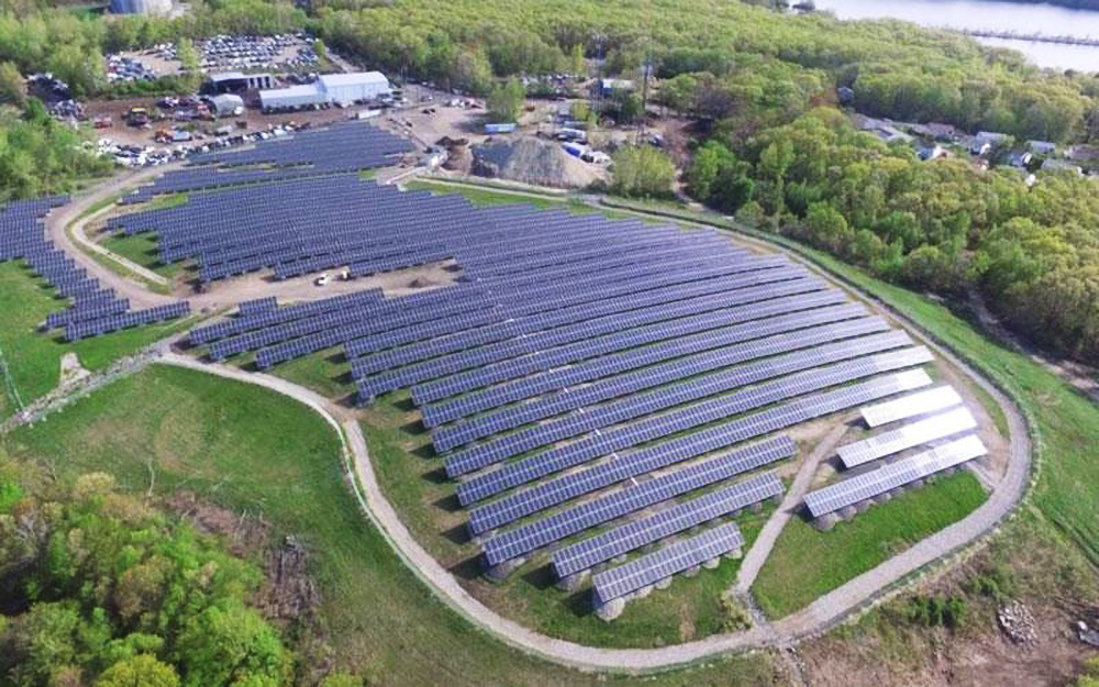 Aerial shot of a solar farm in North Providence, Rhode Island.