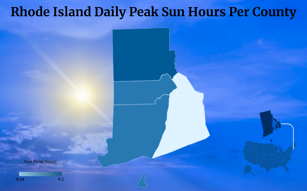 Color-coded map of Rhode Island showing peak sun hours per county.